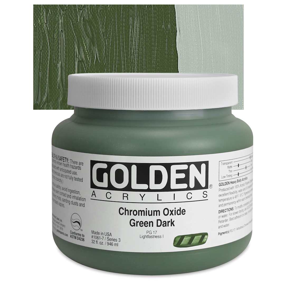 Open in modal - Golden Heavy Body Artist Acrylic - Chromium Oxide Green Dark, 32 oz Jar and swatch