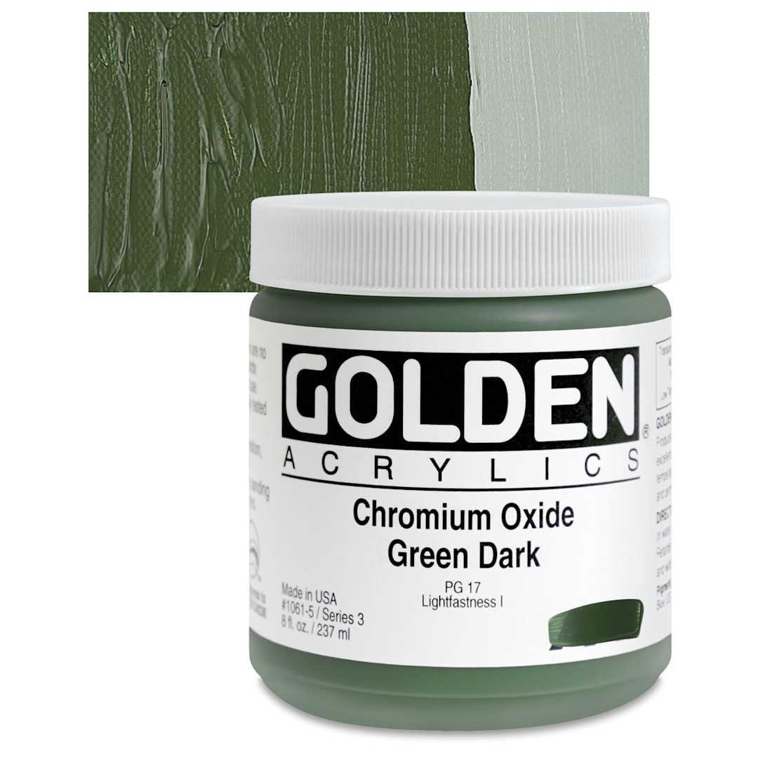 Open in modal - Golden Heavy Body Artist Acrylic - Chromium Oxide Green Dark, 8 oz Jar and swatch
