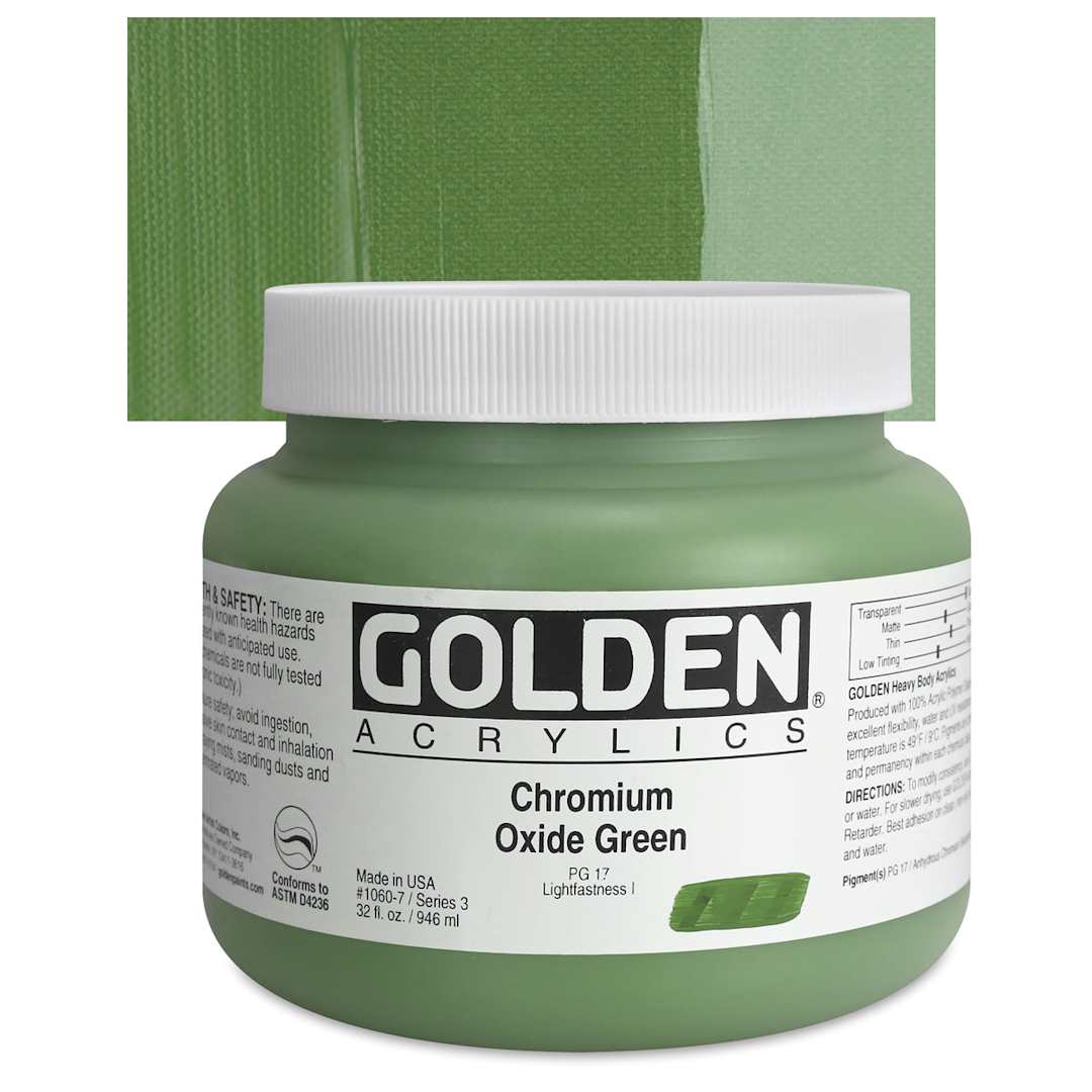 Open in modal - Golden Heavy Body Artist Acrylic - Chromium Oxide Green, 32 oz Jar and swatch