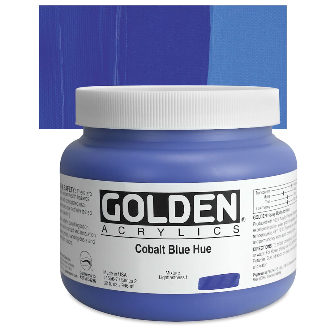 Open in modal - Golden Heavy Body Artist Acrylic - Cobalt Blue Hue, 32 oz Jar and swatch