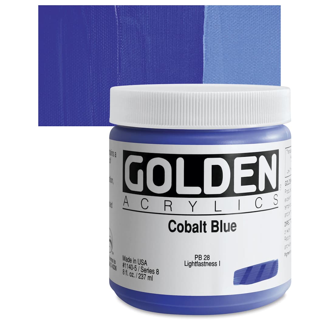 Open in modal - Golden Heavy Body Artist Acrylic - Cobalt Blue, 8 oz Jar and swatch