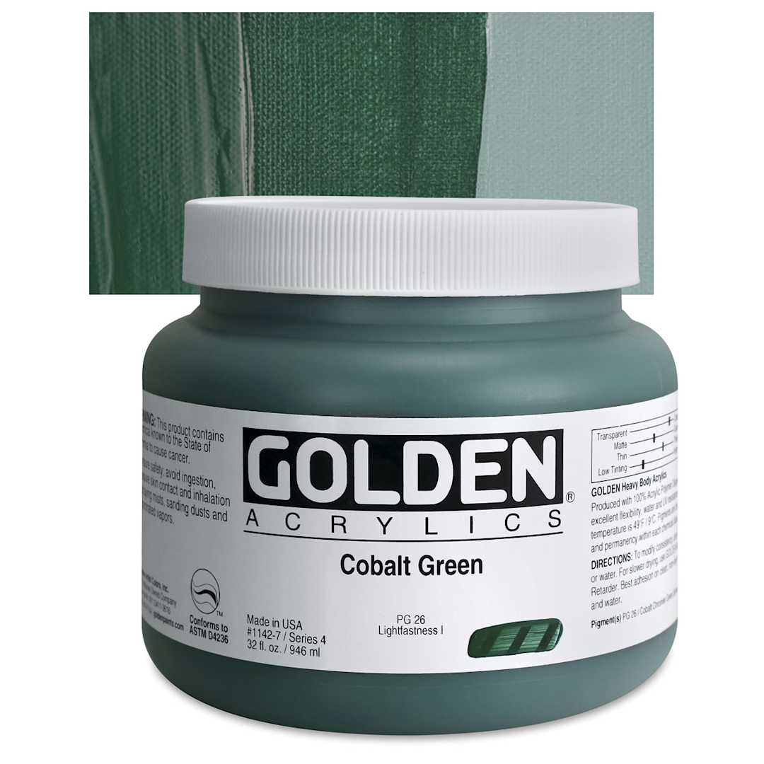 Open in modal - Golden Heavy Body Artist Acrylic - Cobalt Green, 32 oz Jar and swatch