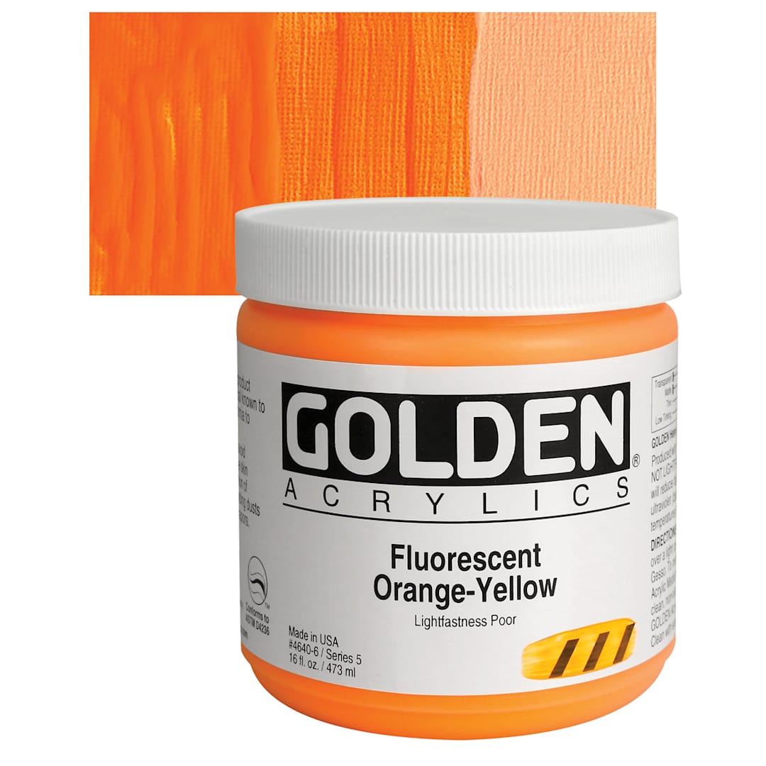 Open in modal - Golden Heavy Body Artist Acrylic - Fluorescent Orange Yellow, 16 oz jar and swatch