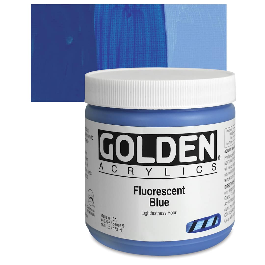 Open in modal - Golden Heavy Body Artist Acrylic - Fluorescent Blue, 16 oz jar and swatch
