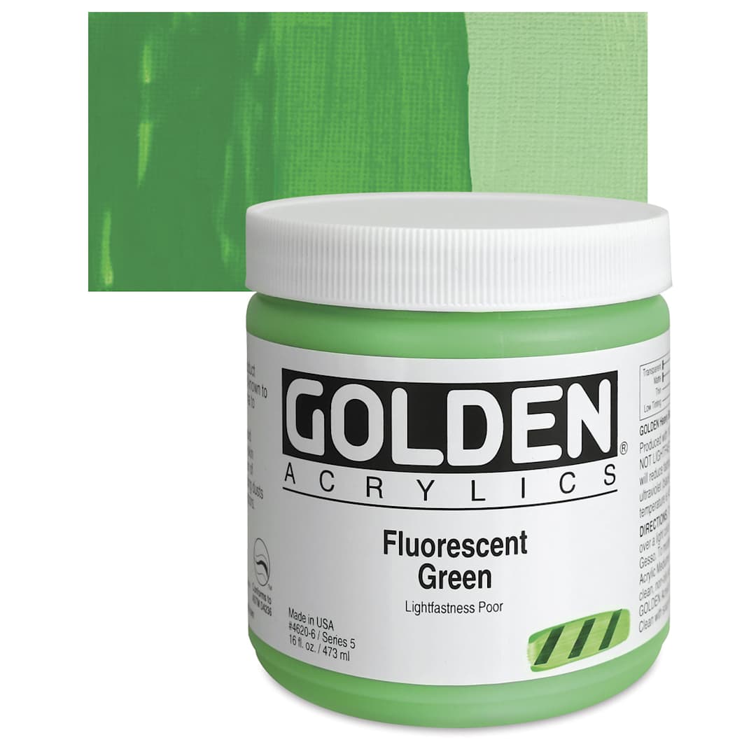 Open in modal - Golden Heavy Body Artist Acrylic - Fluorescent Green, 16 oz jar and swatch