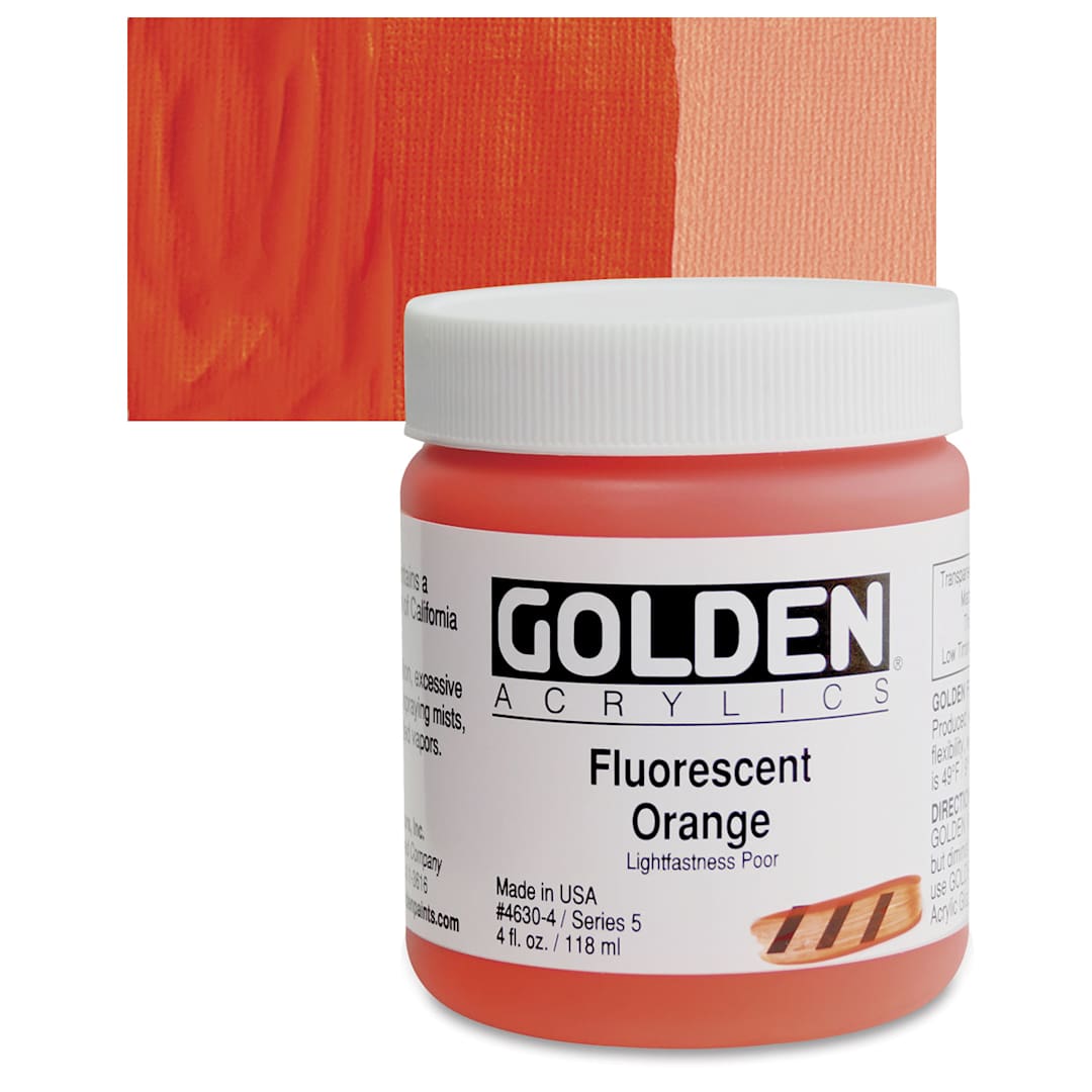 Open in modal - Golden Heavy Body Artist Acrylic - Fluorescent Orange, 4 oz Jar and swatch