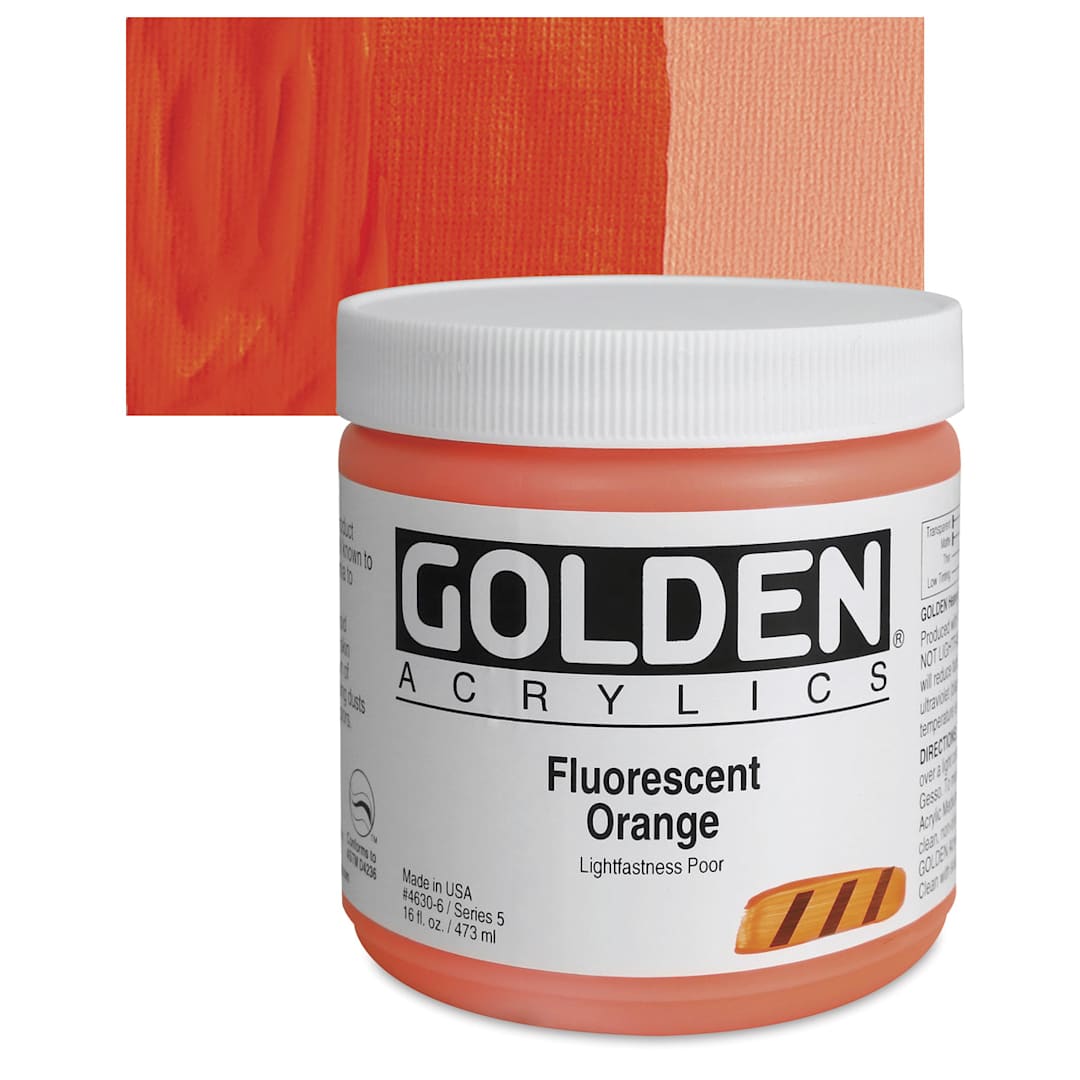 Open in modal - Golden Heavy Body Artist Acrylic - Fluorescent Orange, 16 oz jar and swatch
