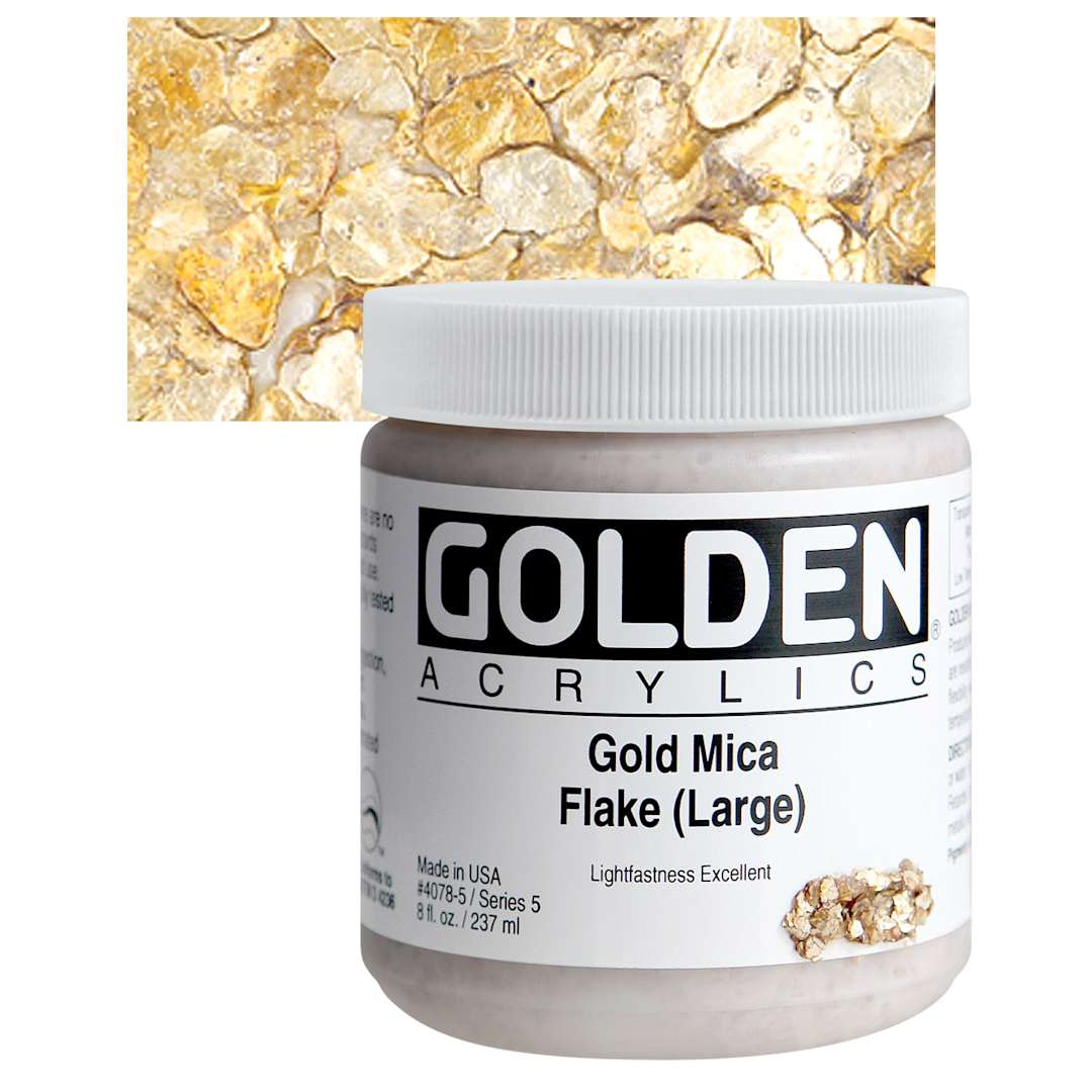 Open in modal - Golden Special Iridescent Acrylics - Gold Mica Flake (Large), 8 oz jar and swatch
