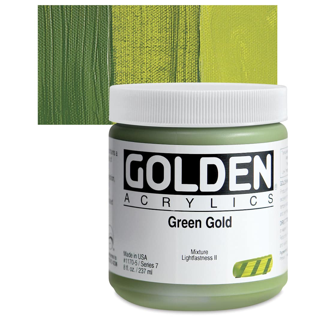 Open in modal - Golden Heavy Body Artist Acrylic - Green Gold, 8 oz Jar and swatch