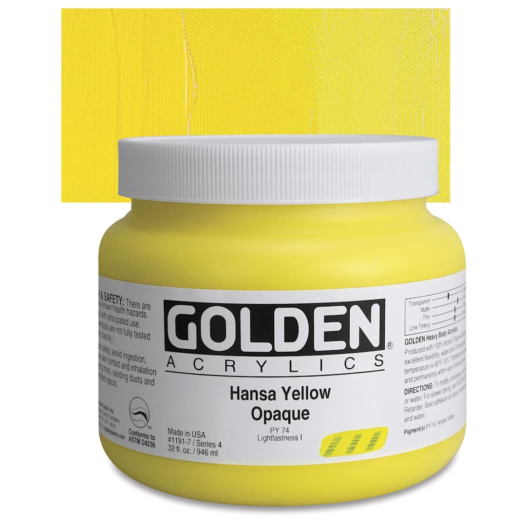Open in modal - Golden Heavy Body Artist Acrylic - Hansa Yellow Opaque, 32 oz Jar and swatch