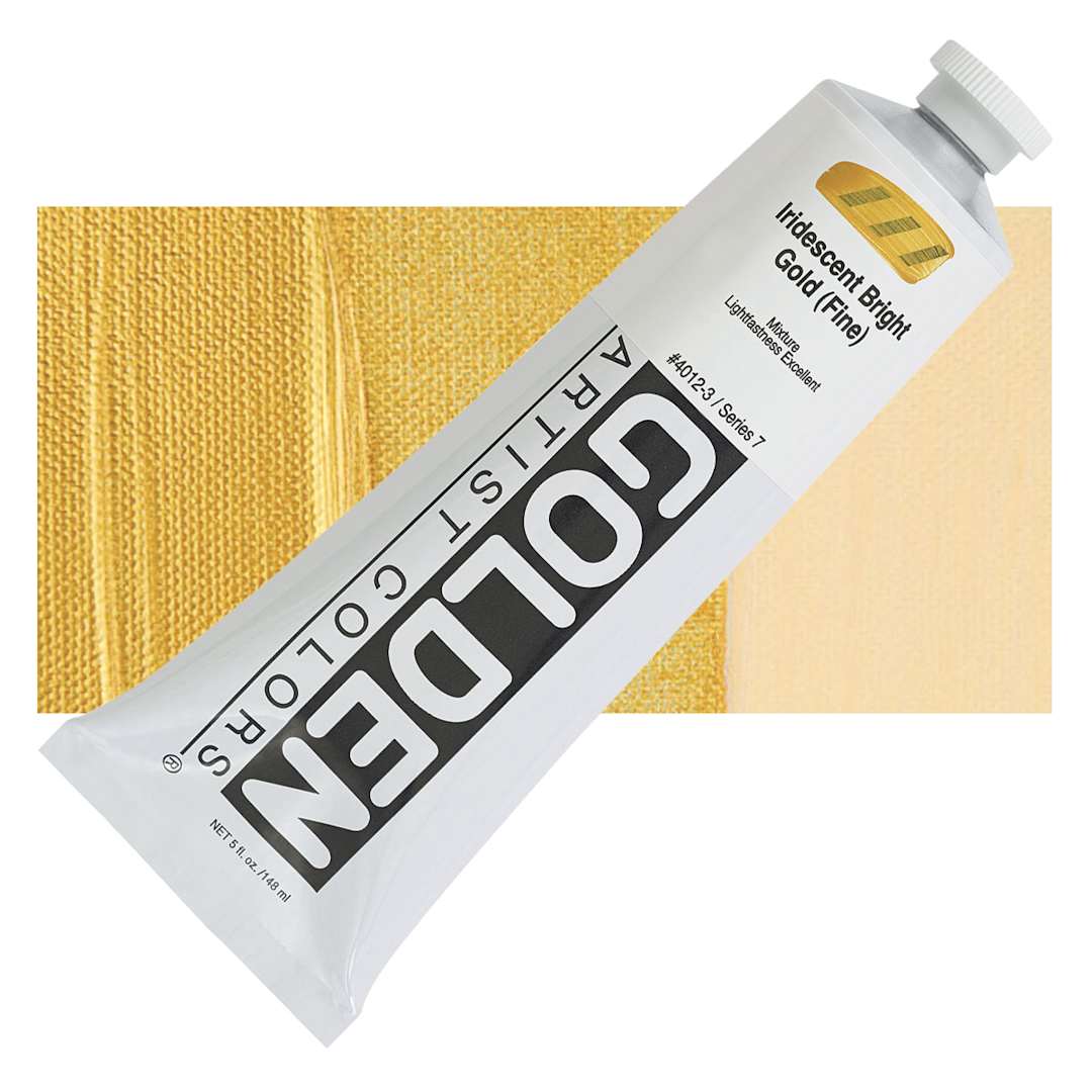 Open in modal - Golden Heavy Body Artist Acrylic - Iridescent Bright Gold (Fine), 5 oz tube and swatch