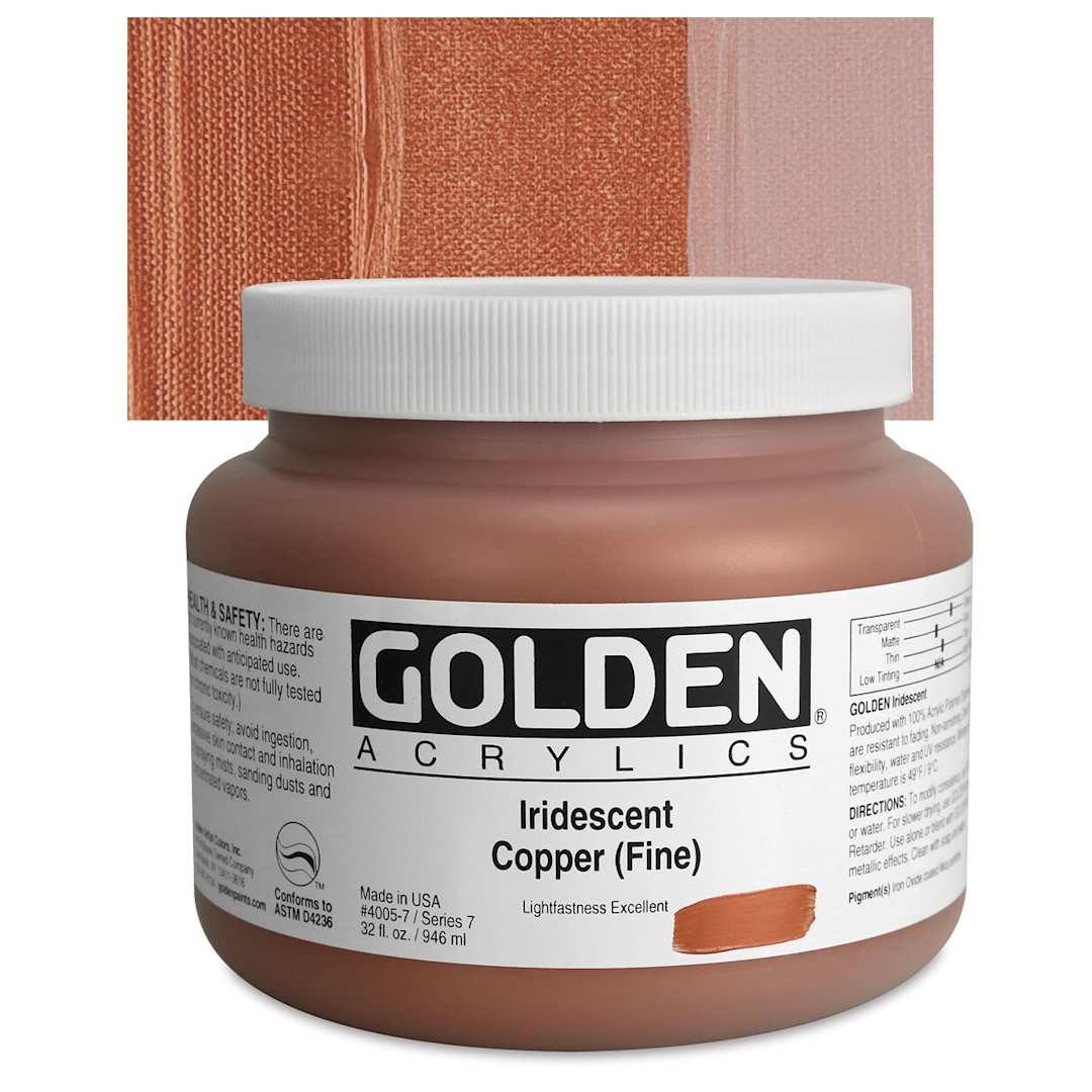Open in modal - Golden Heavy Body Artist Acrylic - Iridescent Copper (Fine), 32 oz Jar and swatch