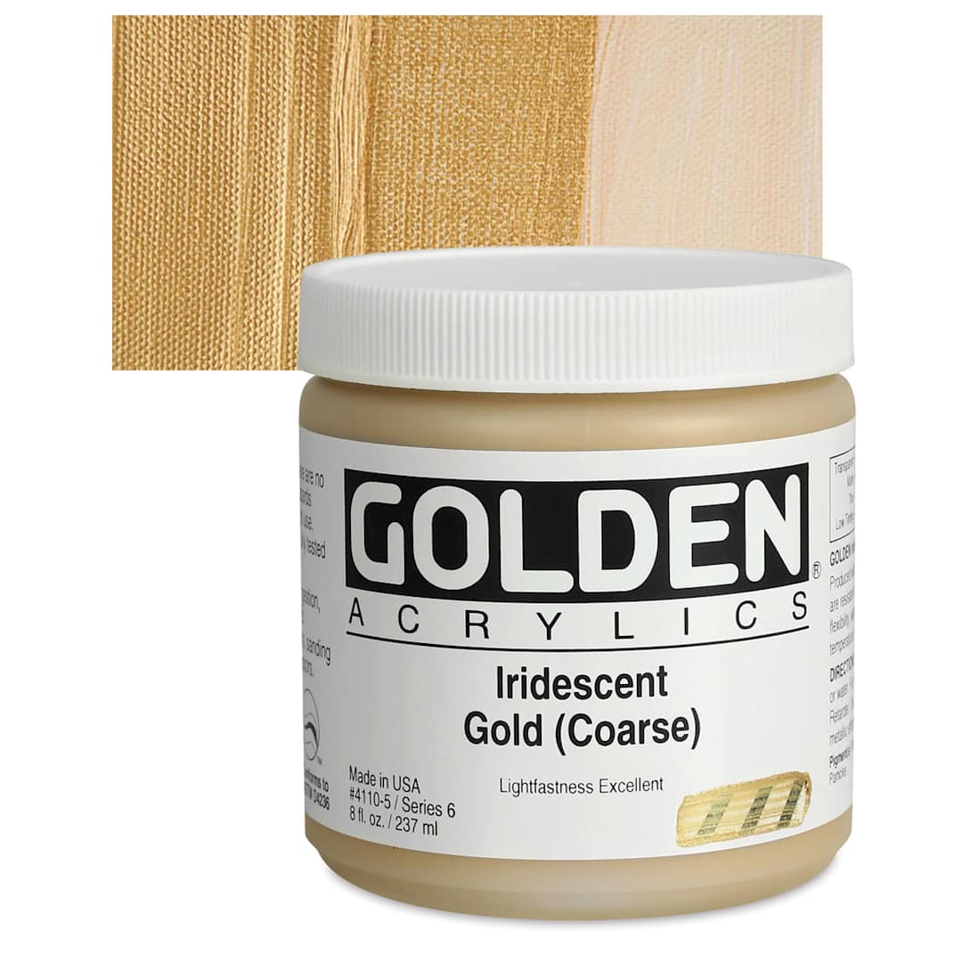 Open in modal - Golden Heavy Body Artist Acrylic - Iridescent Gold (Coarse), 8 oz Jar and swatch