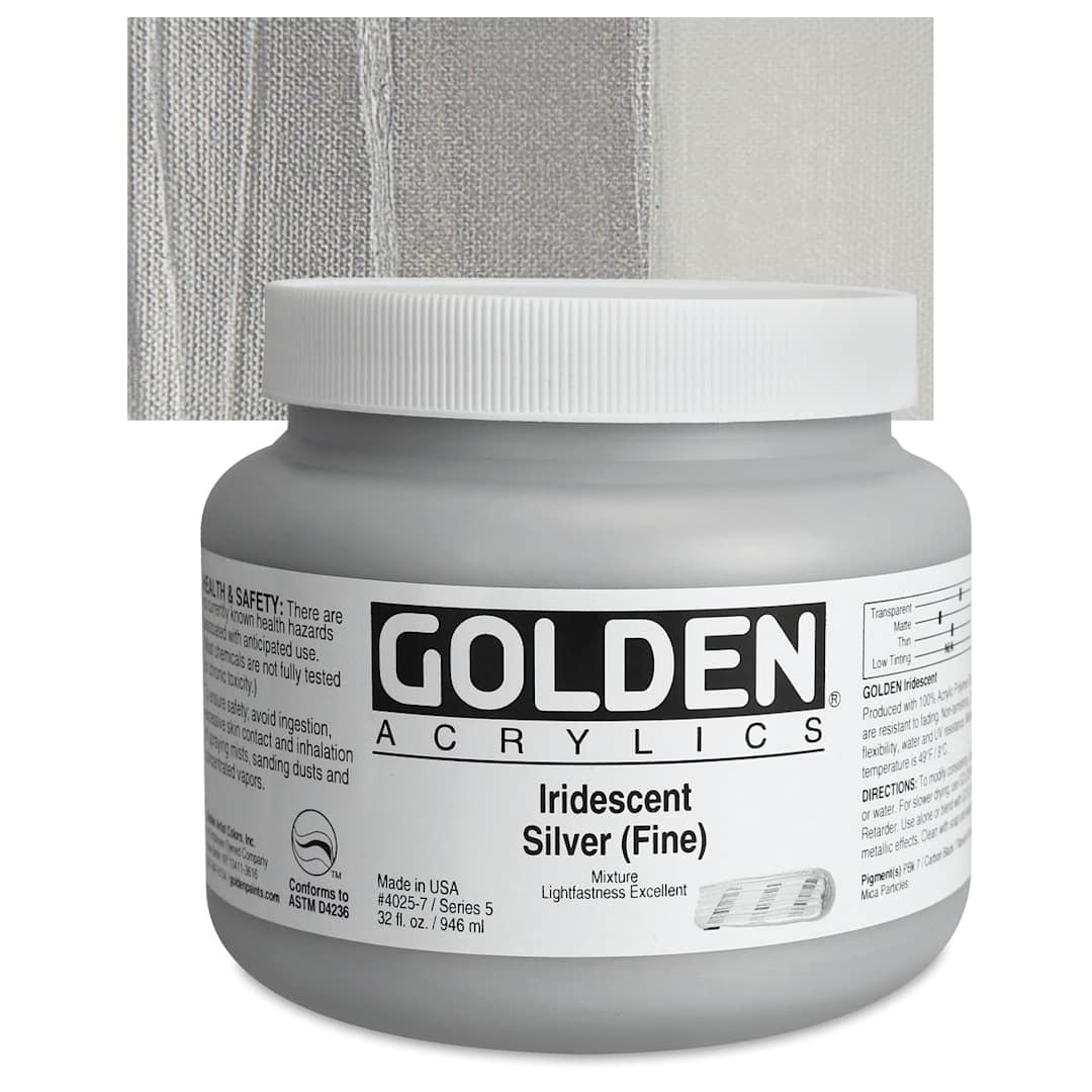 Open in modal - Golden Heavy Body Artist Acrylic - Iridescent Silver (Fine), 32 oz Jar and swatch