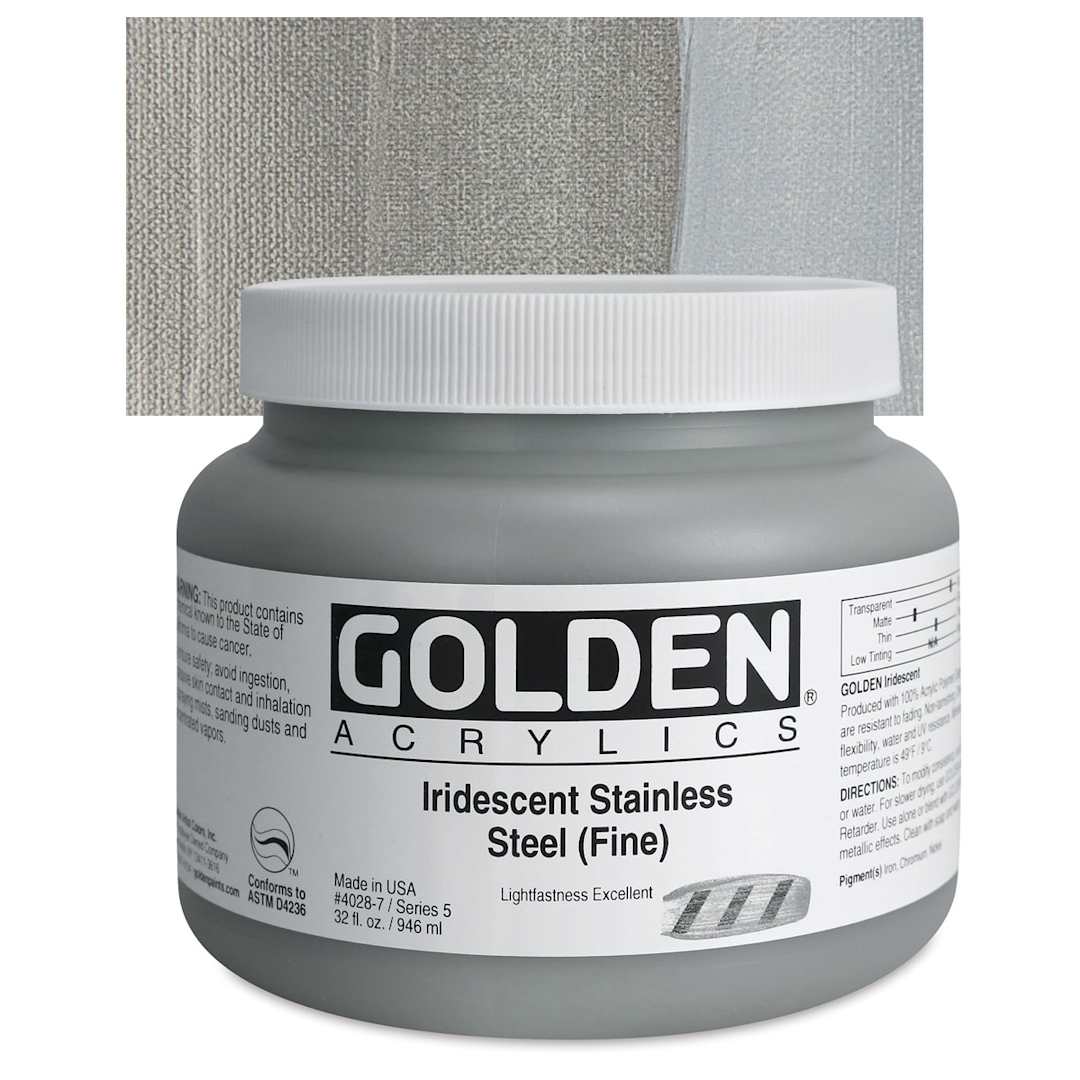 Open in modal - Golden Heavy Body Artist Acrylic - Iridescent Stainless Steel (Fine), 32 oz Jar and swatch