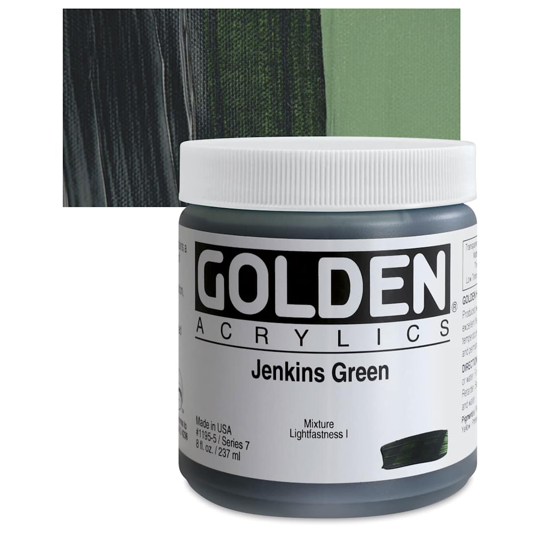 Open in modal - Golden Heavy Body Artist Acrylic - Jenkins Green, 8 oz jar and swatch