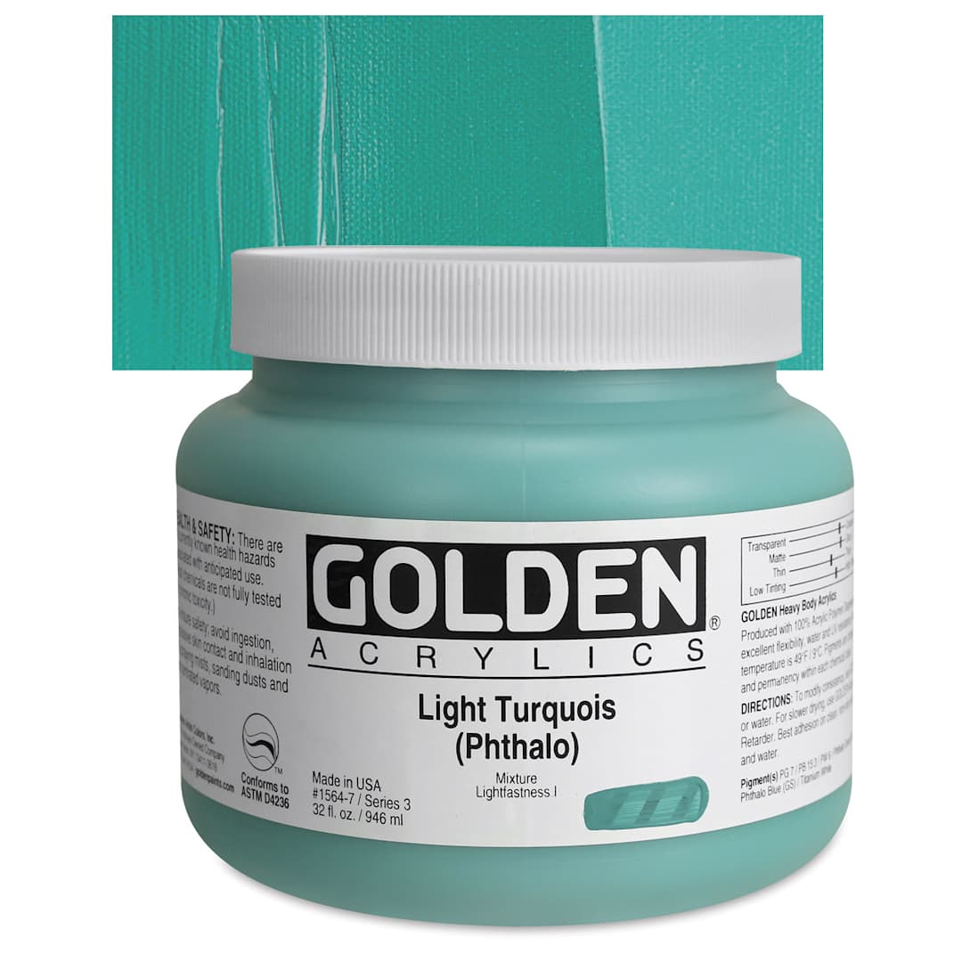 Open in modal - Golden Heavy Body Artist Acrylic - Light Turquoise (Phthalo), 32 oz Jar and swatch