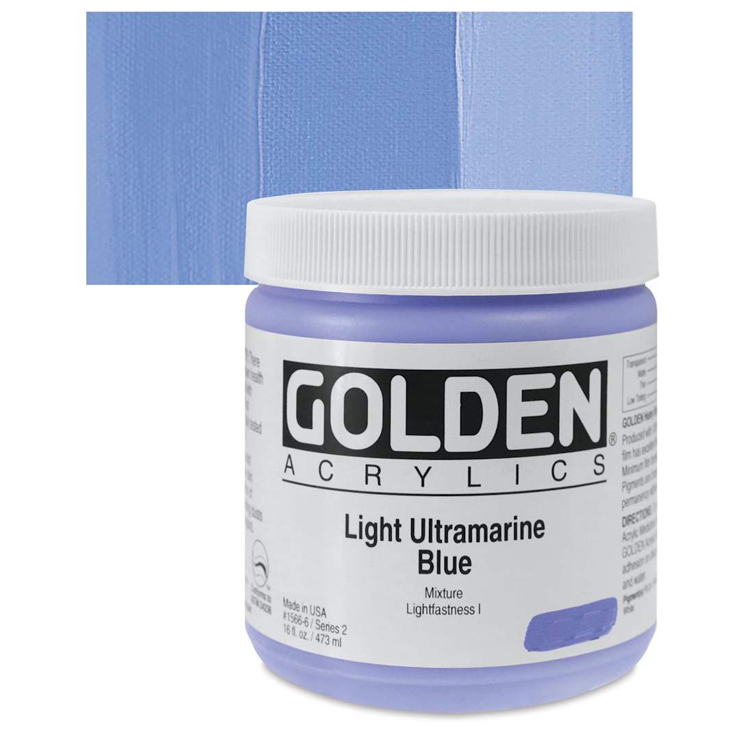 Open in modal - Golden Heavy Body Artist Acrylic - Light Ultramarine Blue, 16 oz Jar and swatch