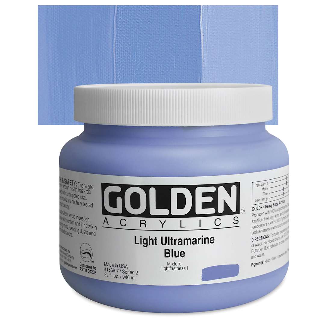 Open in modal - Golden Heavy Body Artist Acrylic - Light Ultramarine Blue, 32 oz Jar and swatch