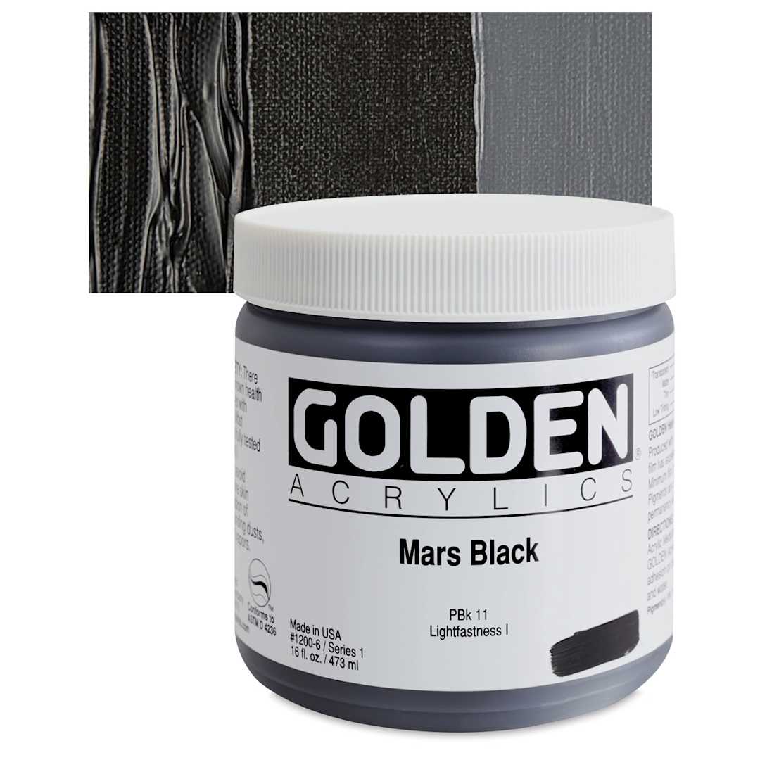 Open in modal - Golden Heavy Body Artist Acrylic - Mars Black, 16 oz Jar and swatch