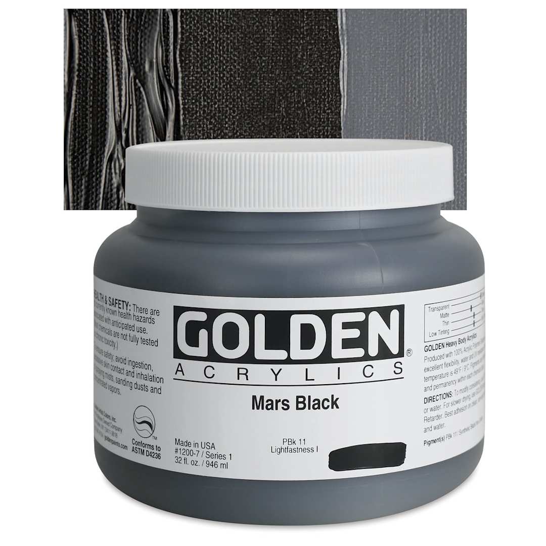Open in modal - Golden Heavy Body Artist Acrylic - Mars Black, 32 oz Jar and swatch