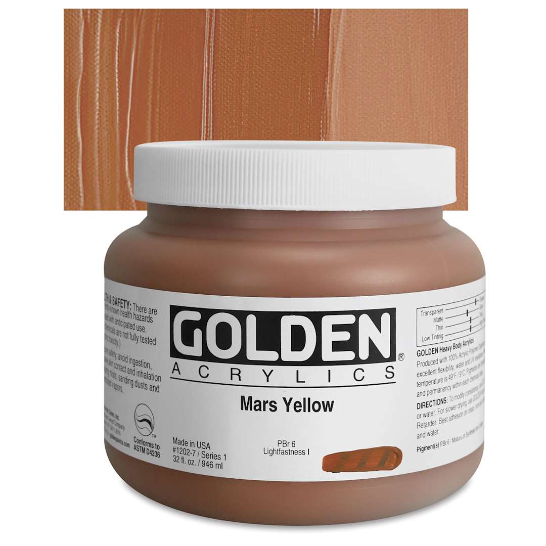 Open in modal - Golden Heavy Body Artist Acrylic - Mars Yellow, 32 oz Jar and swatch
