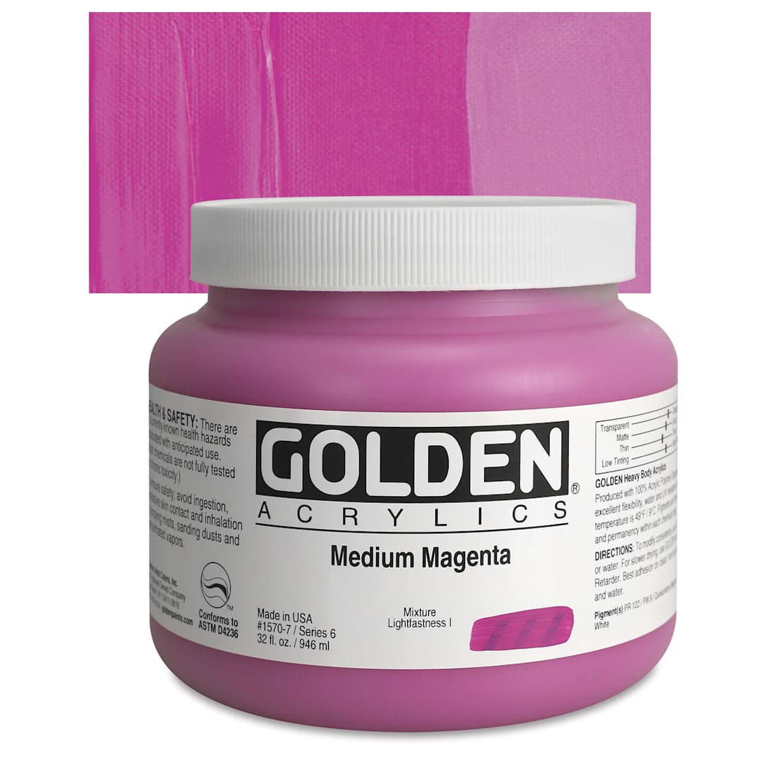 Open in modal - Golden Heavy Body Artist Acrylic - Medium Magenta, 32 oz jar and swatch