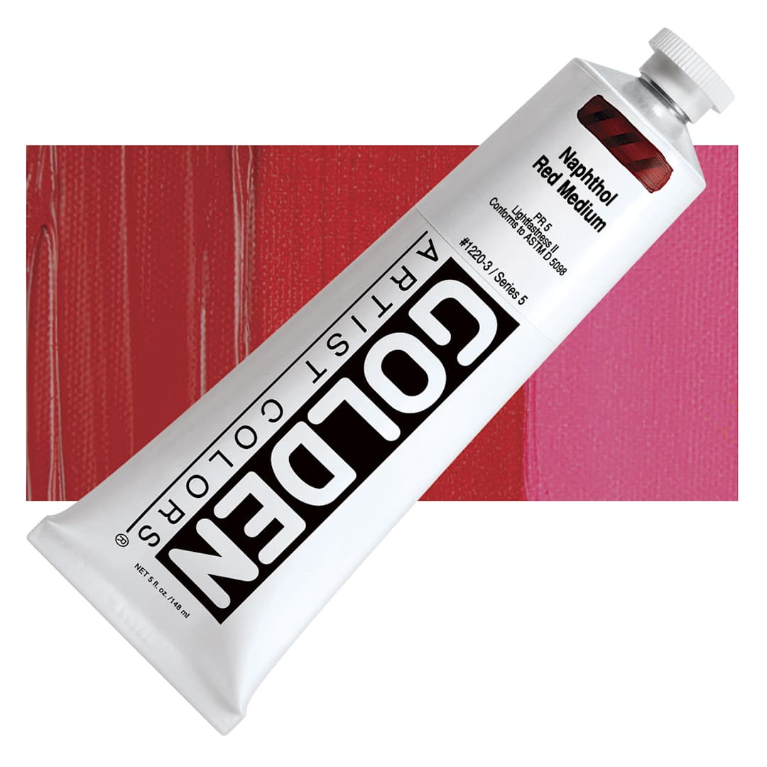 Open in modal - Golden Heavy Body Artist Acrylic - Naphthol Red Medium, 5 oz tube and swatch