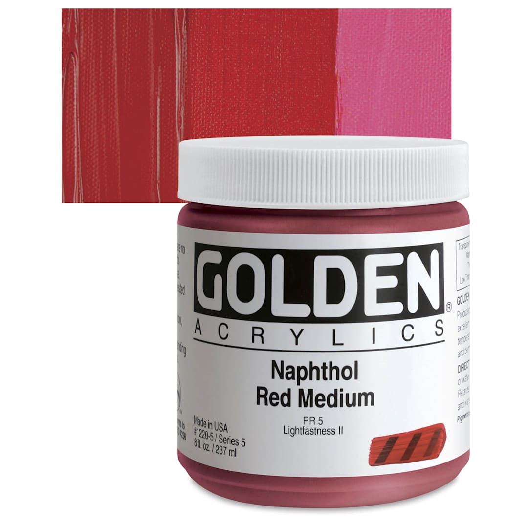 Open in modal - Golden Heavy Body Artist Acrylic - Naphthol Red Medium, 8 oz Jar and swatch