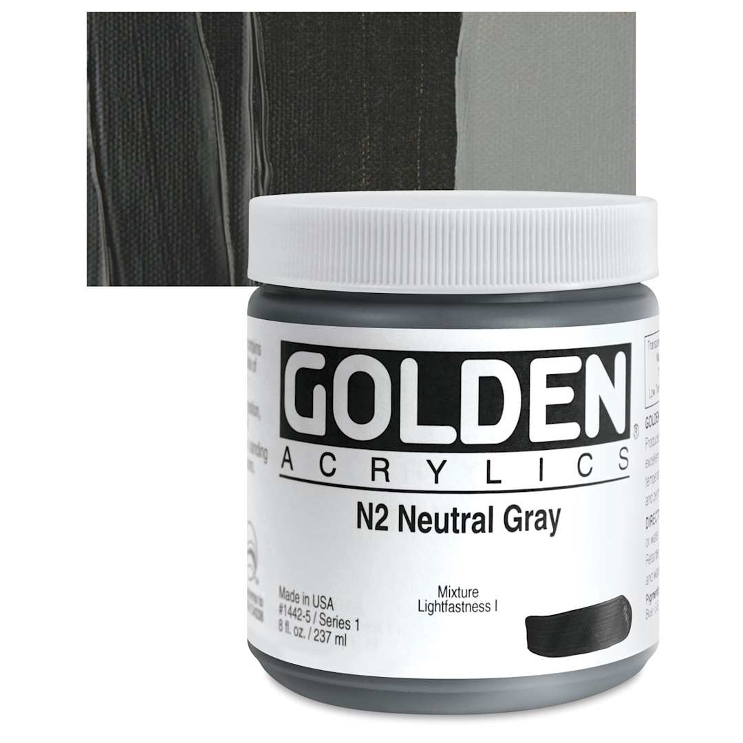 Open in modal - Golden Heavy Body Artist Acrylic - Neutral Gray N2, 8 oz Jar and swatch