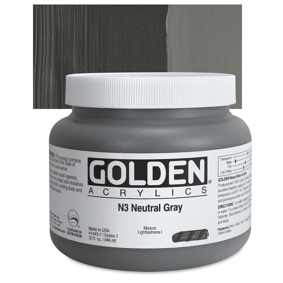 Open in modal - Golden Heavy Body Artist Acrylic - Neutral Gray N3, 32 oz Jar and swatch