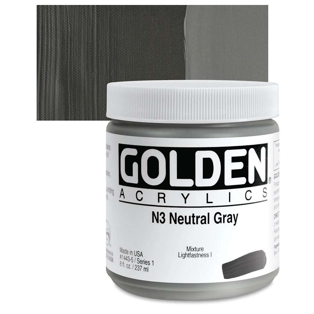 Open in modal - Golden Heavy Body Artist Acrylic - Neutral Gray N3, 9 oz jar and swatch