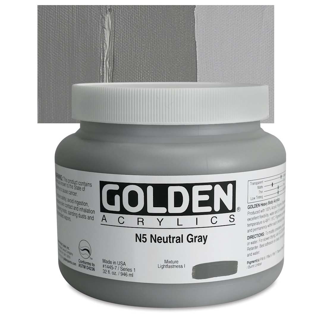 Open in modal - Golden Heavy Body Artist Acrylic - Neutral Gray N5, 32 oz Jar and swatch
