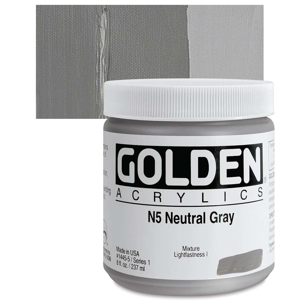 Open in modal - Golden Heavy Body Artist Acrylic - Neutral Gray N5, 8 oz Jar and swatch