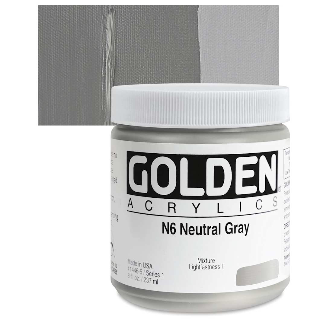 Open in modal - Golden Heavy Body Artist Acrylic - Neutral Gray N6, 8 oz Jar and swatch