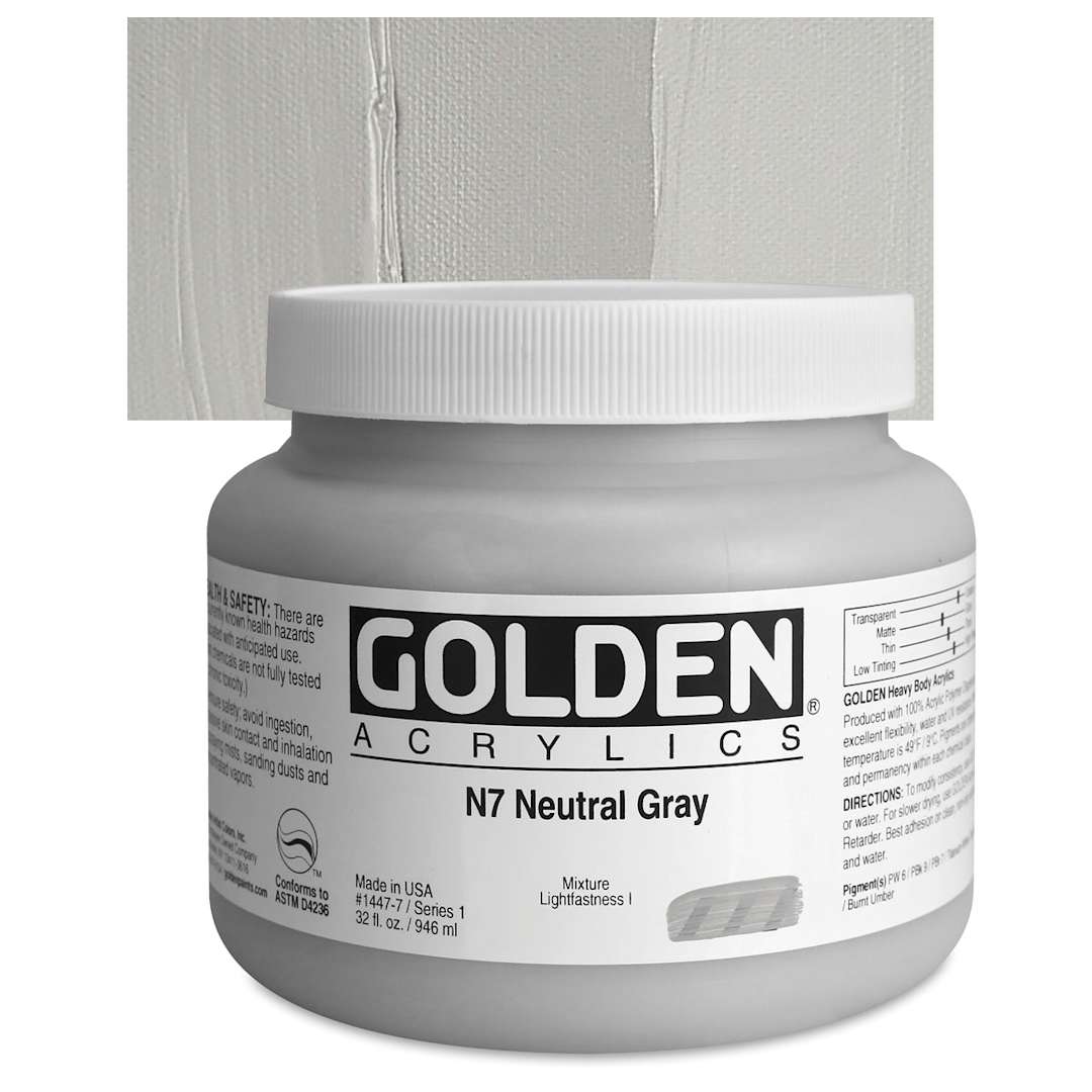 Open in modal - Golden Heavy Body Artist Acrylic - Neutral Gray N7, 32 oz Jar and swatch