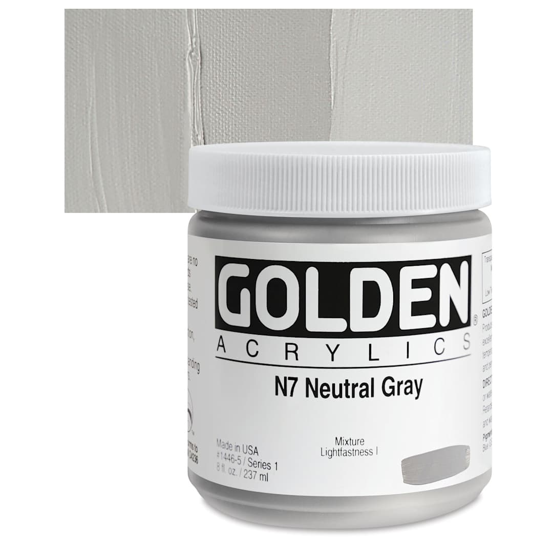 Open in modal - Golden Heavy Body Artist Acrylic - Neutral Gray N7, 8 oz Jar and swatch