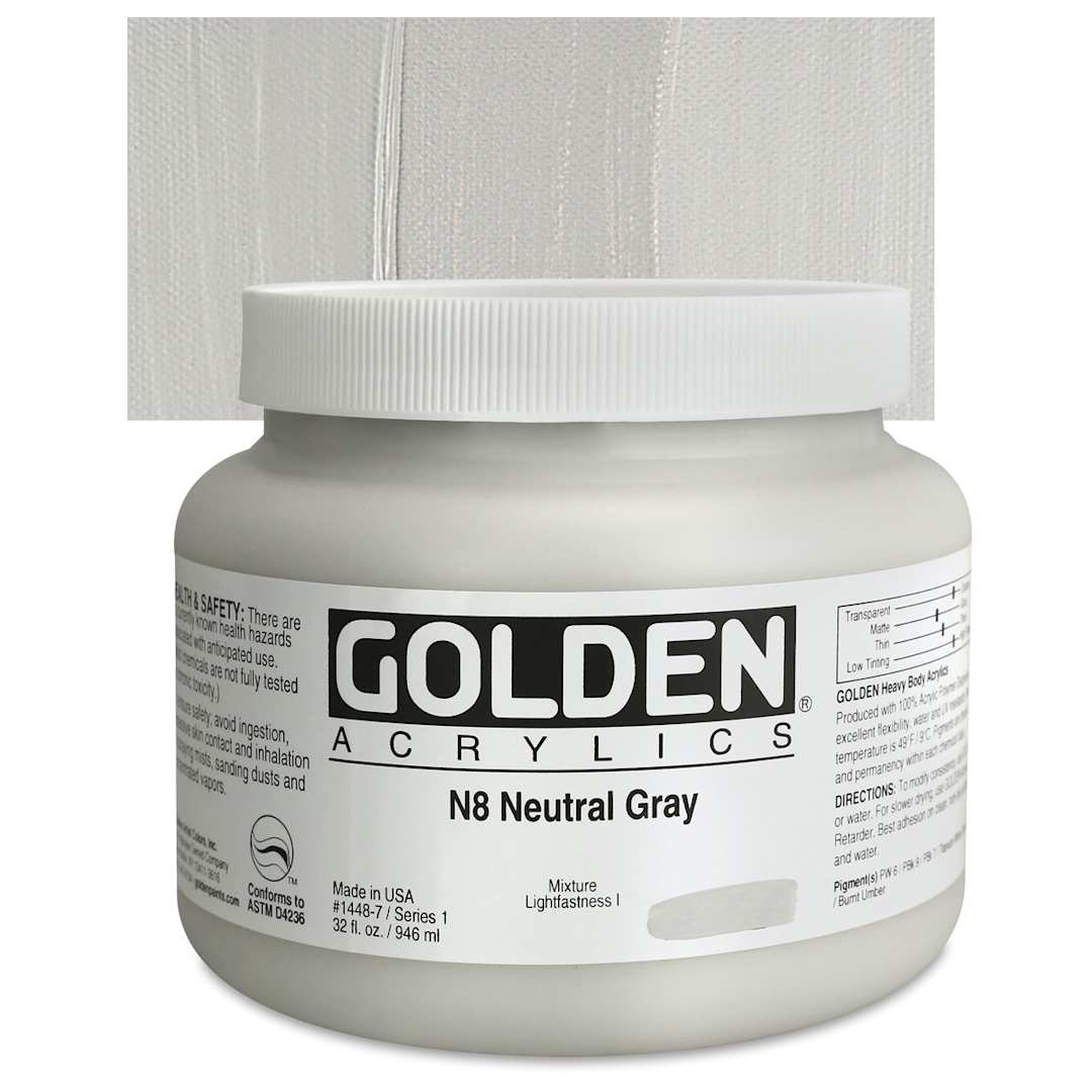 Open in modal - Golden Heavy Body Artist Acrylic - Neutral Gray N8, 32 oz Jar and swatch