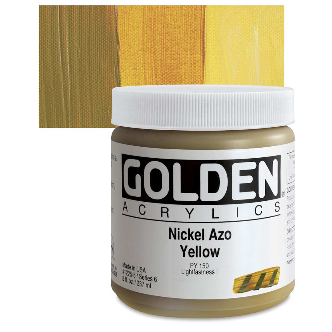 Open in modal - Golden Heavy Body Artist Acrylic - Nickel Azo Yellow, 8 oz Jar and swatch