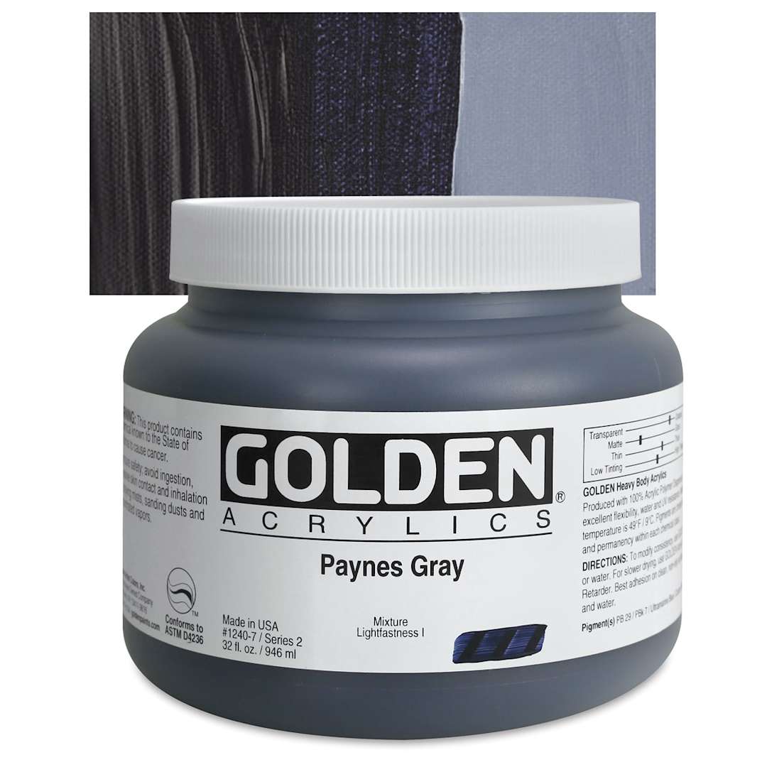 Open in modal - Golden Heavy Body Artist Acrylic - Paynes Gray, 32 oz Jar and swatch