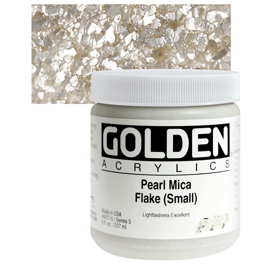 Open in modal - Golden Special Iridescent Acrylics - Pearl Mica Flake (Small), 8 oz jar and swatch