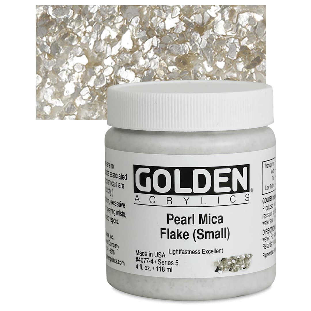 Open in modal - Golden Heavy Body Artist Acrylic - Pearl Mica Flake (Small), 4 oz jar and swatch