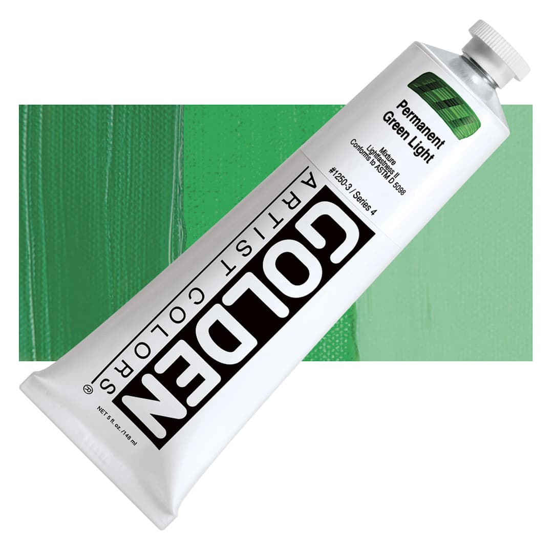 Open in modal - Golden Heavy Body Artist Acrylic - Permanent Green Light, 5 oz Tube and swatch