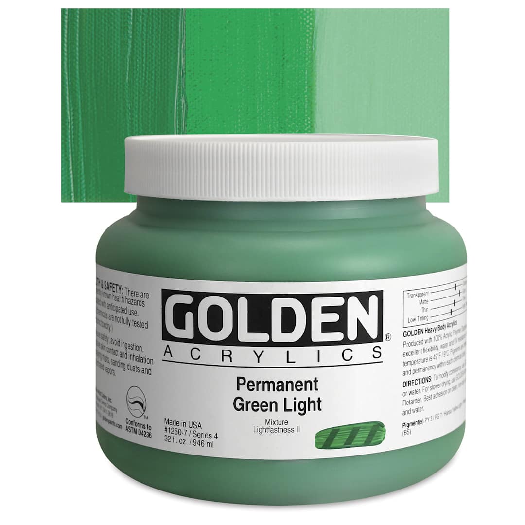Open in modal - Golden Heavy Body Artist Acrylic - Permanent Green Light, 32 oz Jar and swatch