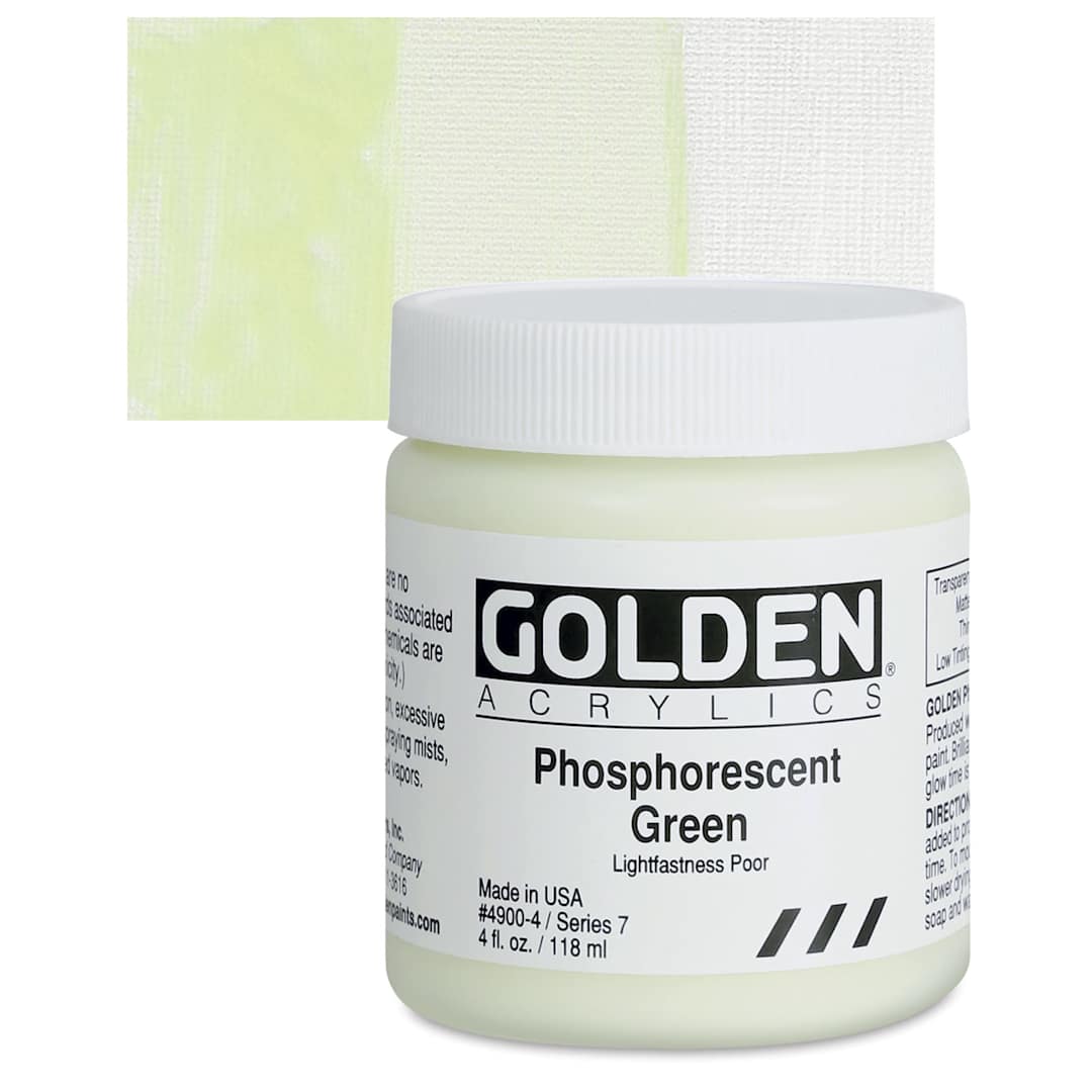 Open in modal - Golden Heavy Body Artist Acrylic - Phosphorescent Green, 4 oz Jar and swatch