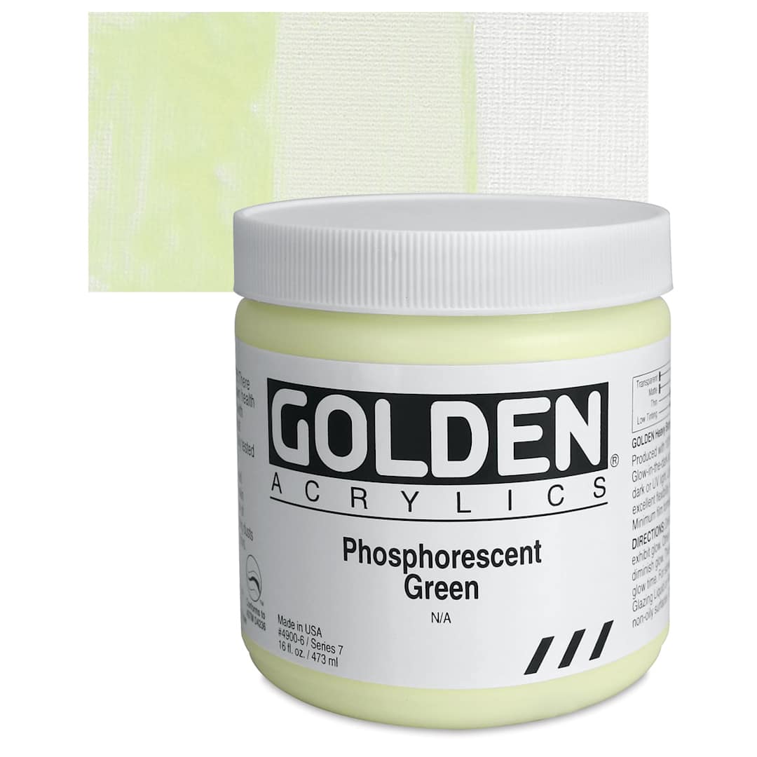 Open in modal - Golden Heavy Body Artist Acrylic - Phosphorescent Green, 16 oz jar and swatch