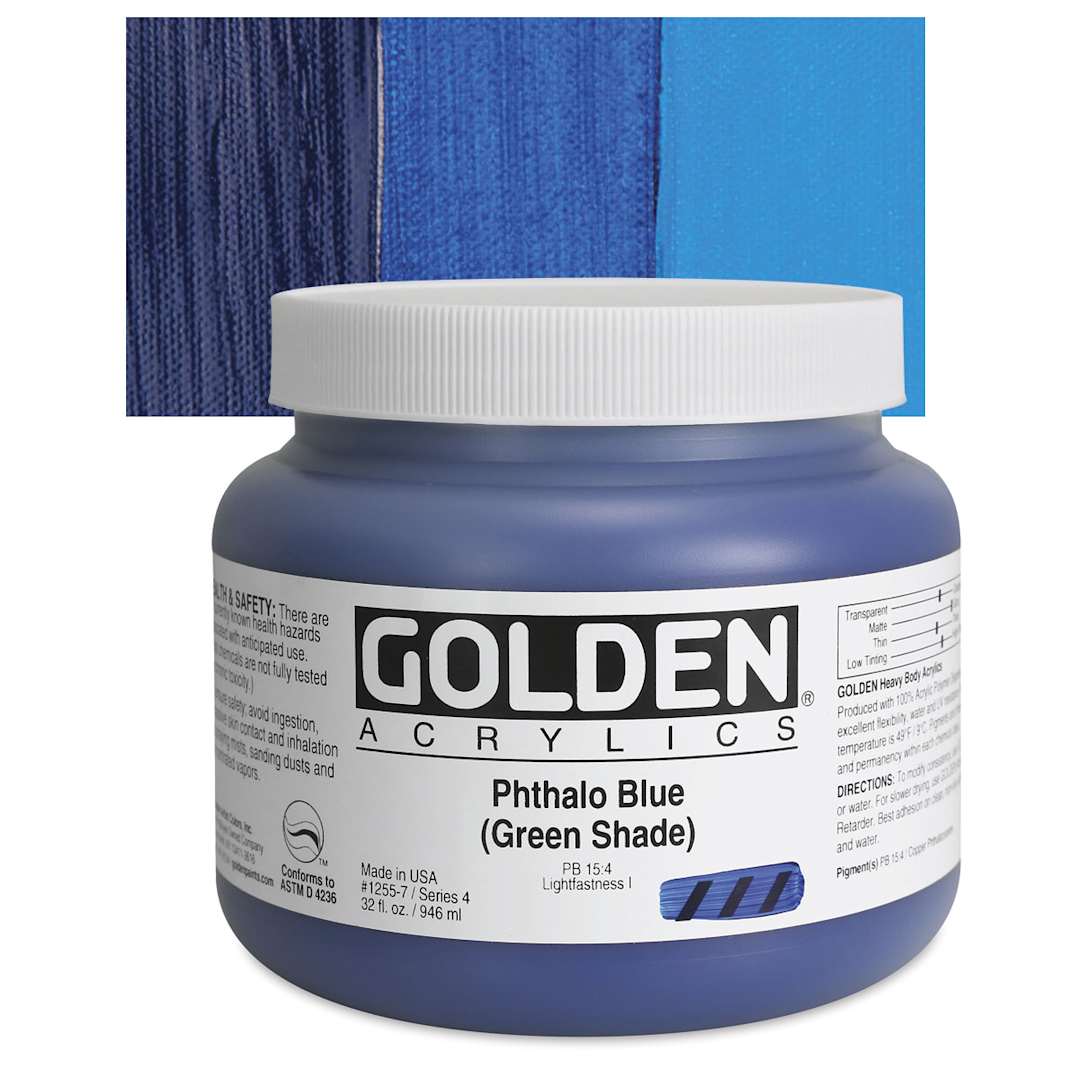 Open in modal - Golden Heavy Body Artist Acrylic - Phthalo Blue (Green Shade), 32 oz Jar and swatch