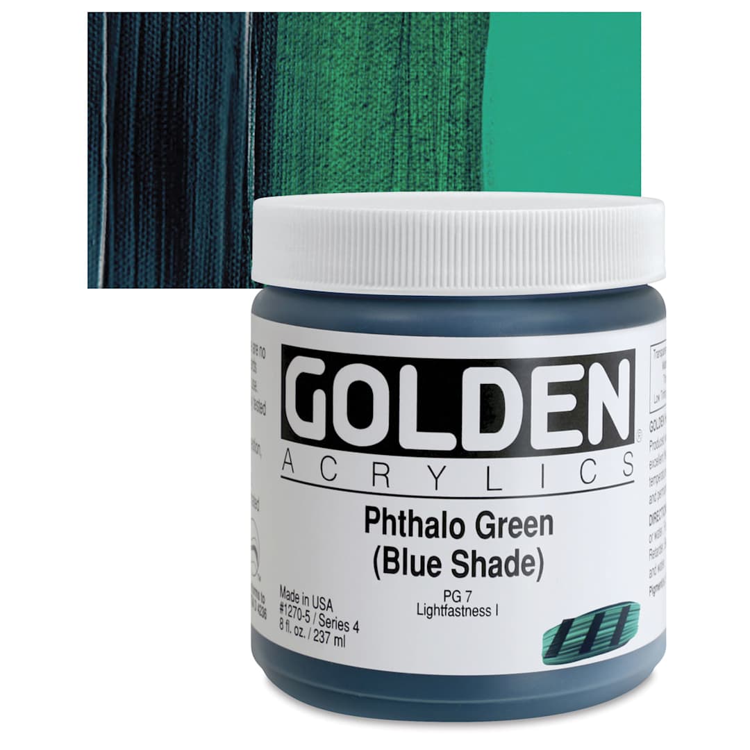 Open in modal - Golden Heavy Body Artist Acrylic - Phthalo Green (Blue Shade), 8 oz Jar and swatch