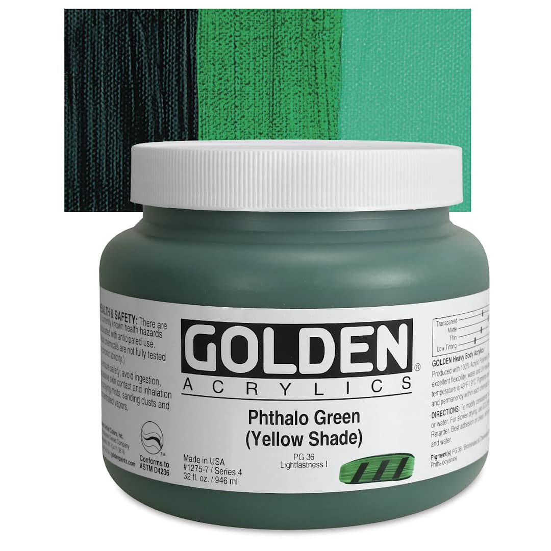 Open in modal - Golden Heavy Body Artist Acrylic - Phthalo Green (Yellow Shade), 32 oz Jar and swatch