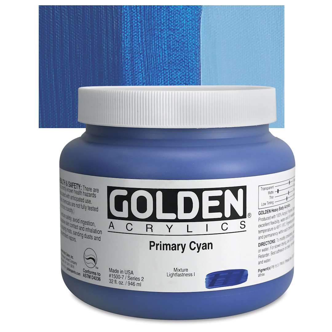 Open in modal - Golden Heavy Body Artist Acrylic - Primary Cyan, 32 oz Jar and swatch